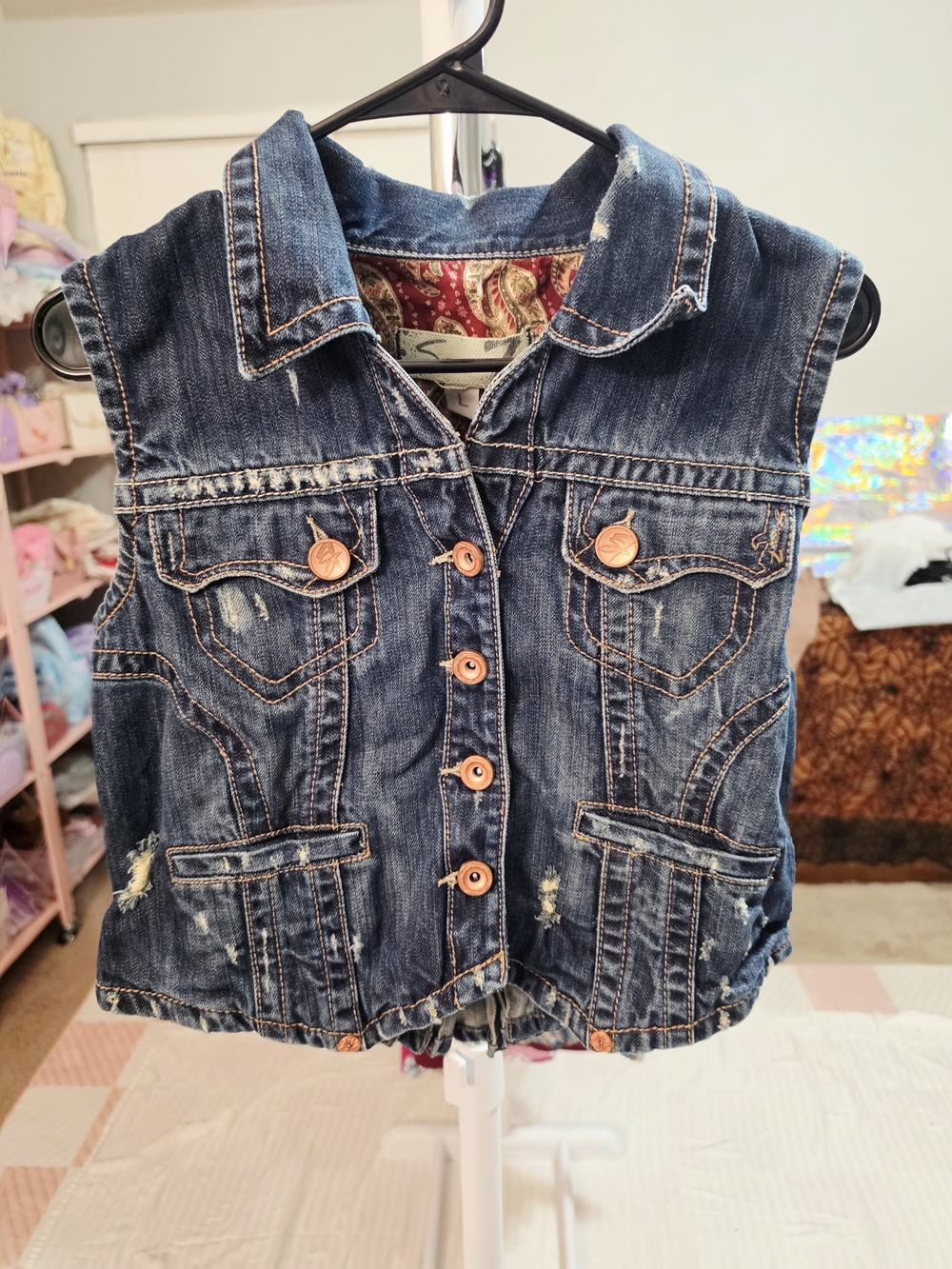 Seven7 Dark Blue Distressed Denim Vest with Copper Buttons & Paisley Lining
